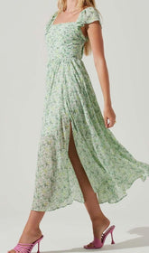 FLORAL COLD SLEEVE MIDI DRESS IN GREEN
